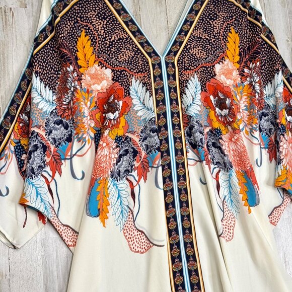 Rose + Olive Cream Multi Boho Floral Dolman 3/4 Sleeve Flowy Blouse Kimono Sz 1X - Picture 3 of 7